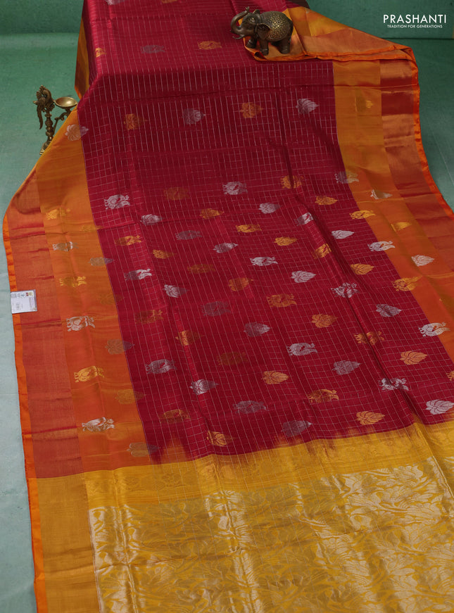 Pure uppada silk saree maroon and mustard yellow with allover silver & gold zari checks & buttas and long zari woven butta border