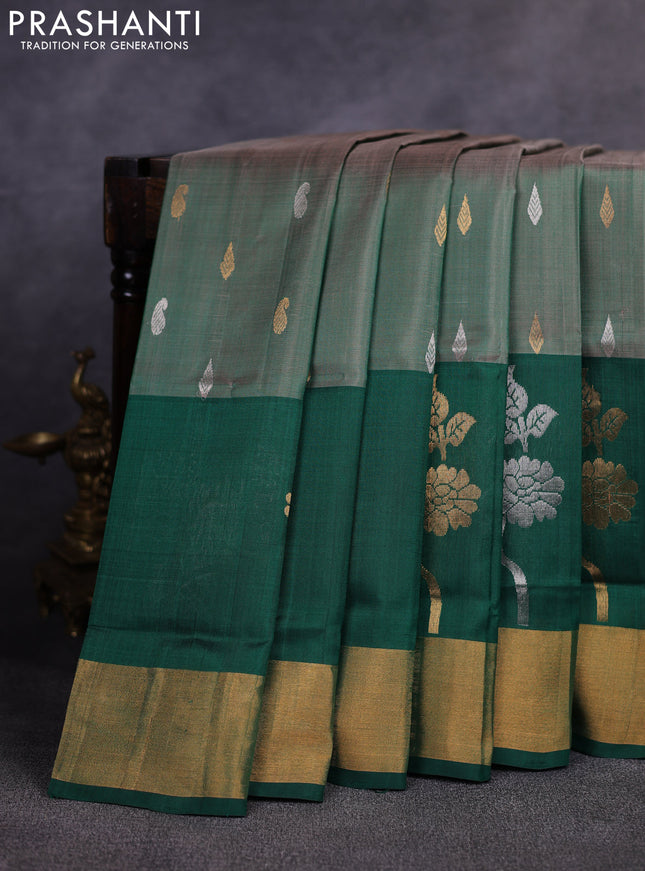 Pure uppada silk saree dual shade of green and green with allover silver & zari woven buttas and long zari woven butta border