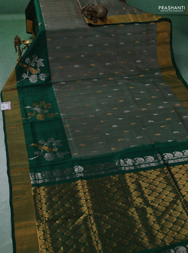 Pure uppada silk saree dual shade of green and green with allover silver & zari woven buttas and long zari woven butta border