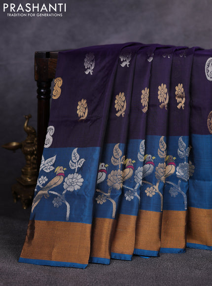 Pure uppada silk saree navy blue and peacock blue with allover silver & zari woven buttas and long zari woven butta border