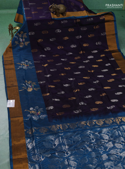 Pure uppada silk saree navy blue and peacock blue with allover silver & zari woven buttas and long zari woven butta border