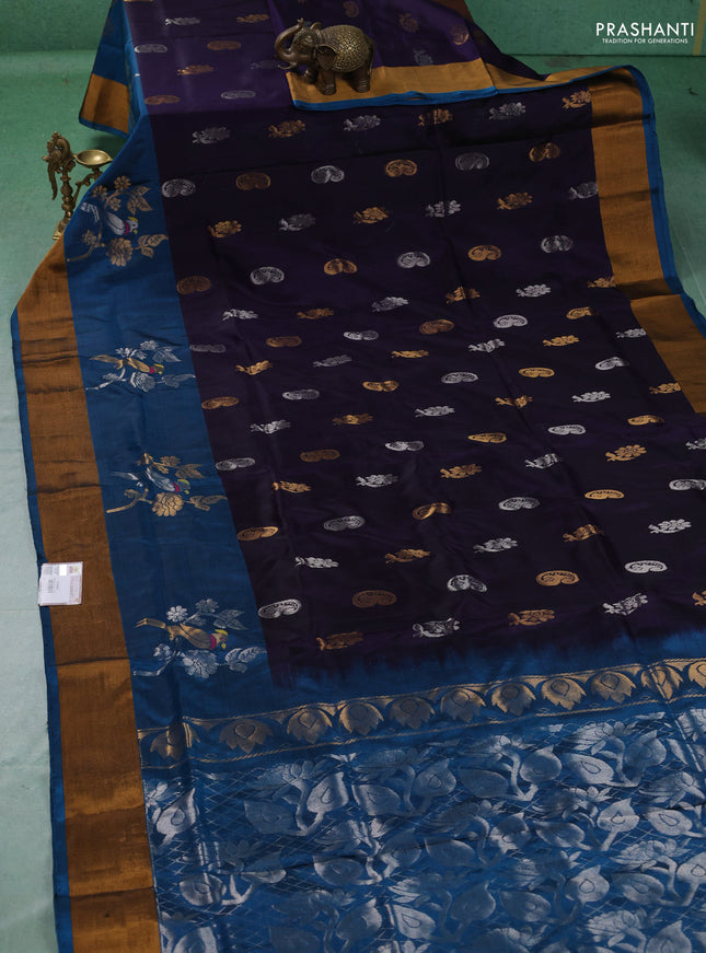 Pure uppada silk saree navy blue and peacock blue with allover silver & zari woven buttas and long zari woven butta border