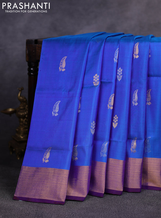 Pure uppada silk saree cs blue and purple with allover silver & zari woven buttas and zari woven border