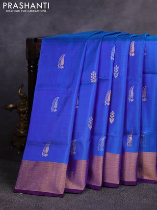 Pure uppada silk saree cs blue and purple with allover silver & zari woven buttas and zari woven border