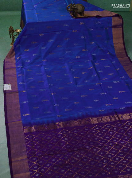 Pure uppada silk saree cs blue and purple with allover silver & zari woven buttas and zari woven border