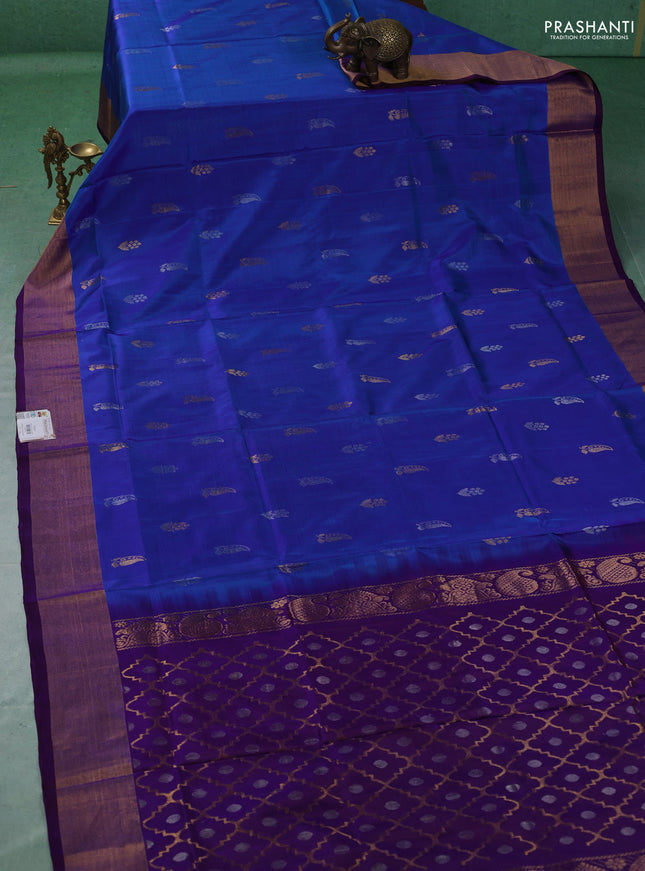 Pure uppada silk saree cs blue and purple with allover silver & zari woven buttas and zari woven border