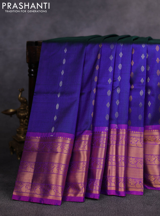 Pure uppada silk saree navy blue and purple with allover silver & zari woven buttas and temple design zari woven border