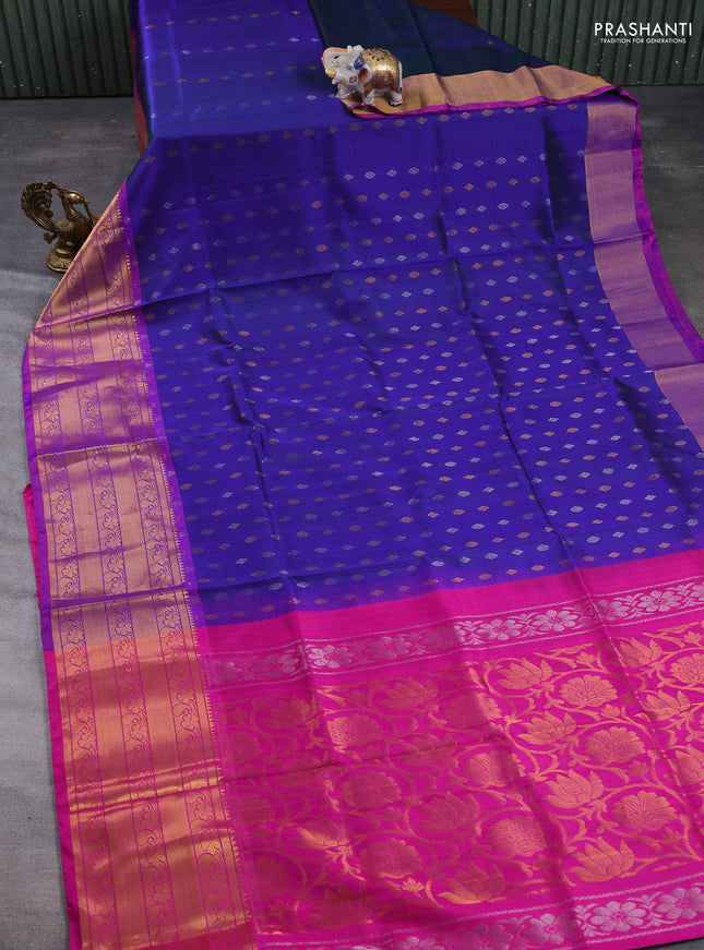 Pure uppada silk saree navy blue and purple with allover silver & zari woven buttas and temple design zari woven border