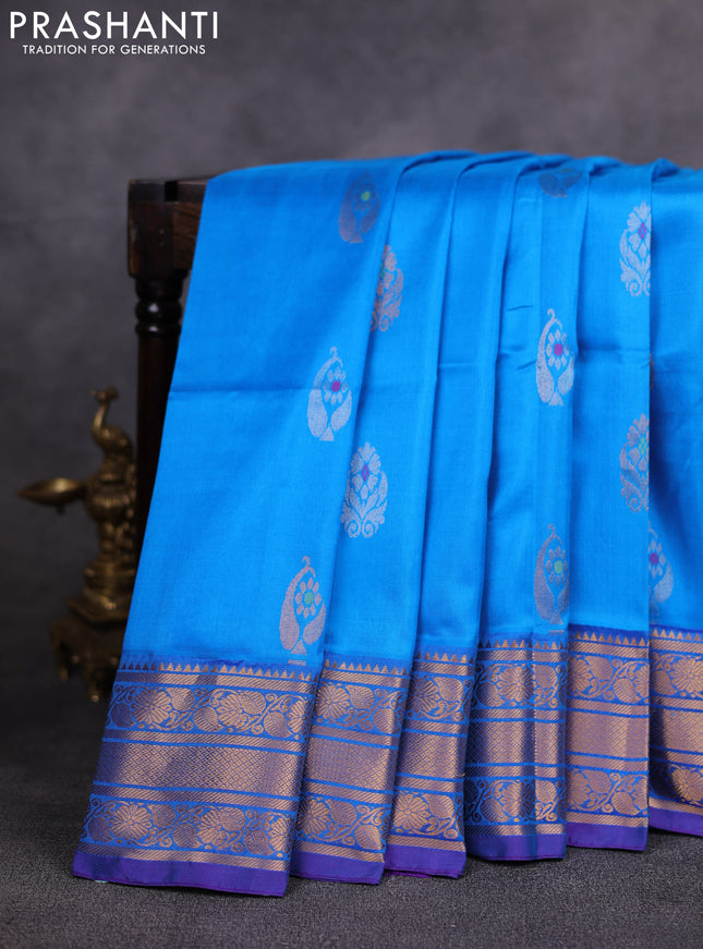 Pure uppada silk saree cs blue and violet with allover silver & zari woven buttas and temple design zari woven border