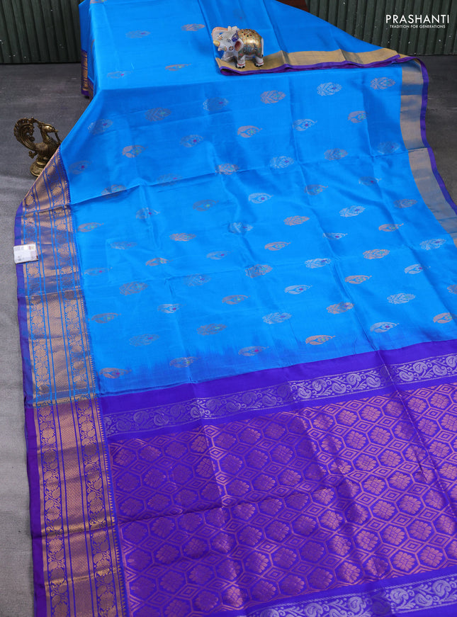 Pure uppada silk saree cs blue and violet with allover silver & zari woven buttas and temple design zari woven border