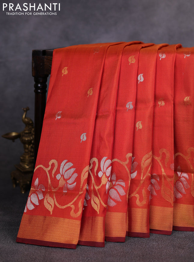 Pure uppada silk saree orange and coffee brown with allover silver & zari woven buttas and zari woven border