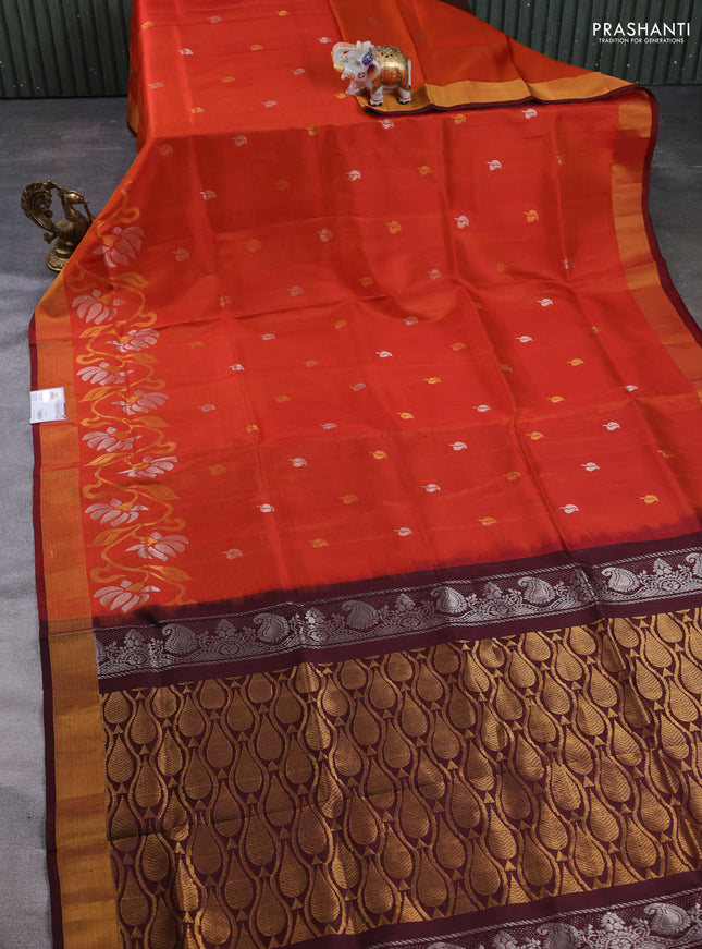 Pure uppada silk saree orange and coffee brown with allover silver & zari woven buttas and zari woven border