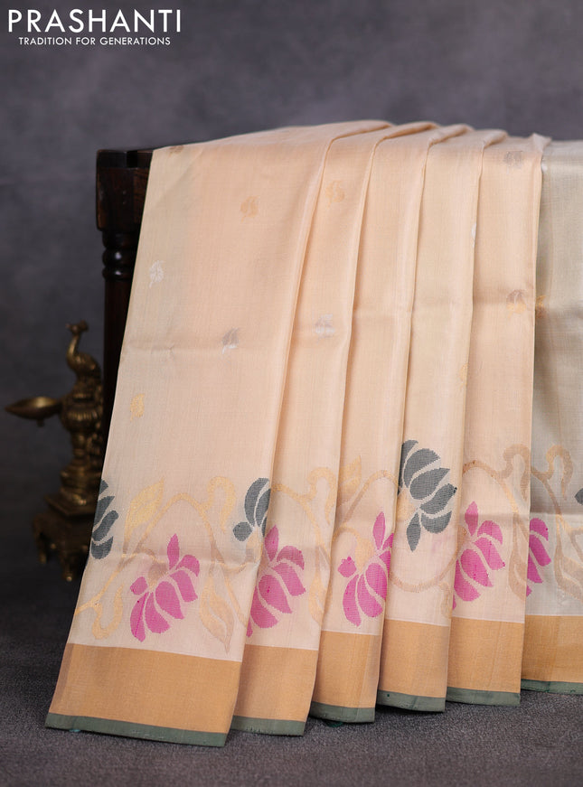 Pure uppada silk saree beige and bottle green with allover silver & zari woven buttas and zari woven border