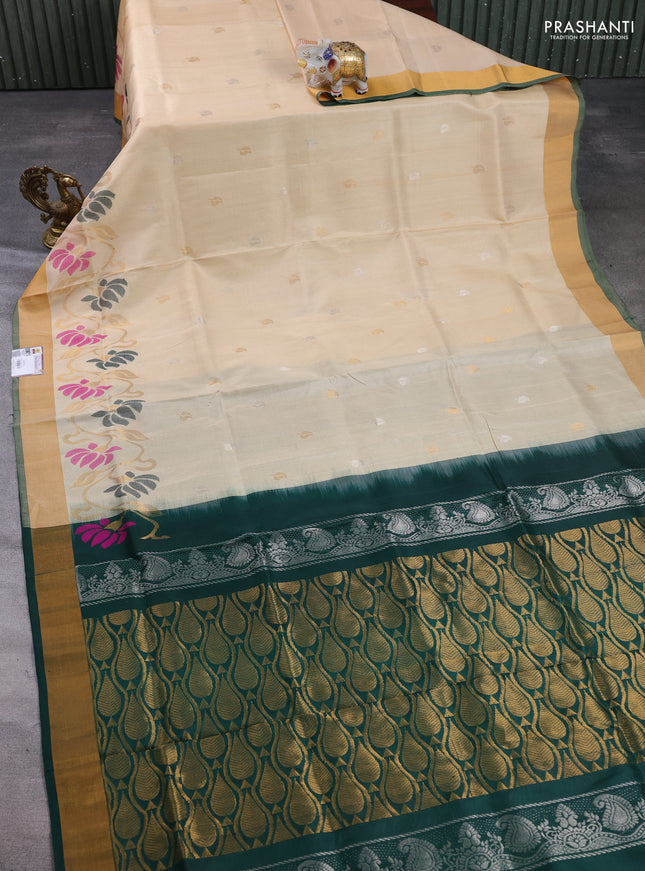 Pure uppada silk saree beige and bottle green with allover silver & zari woven buttas and zari woven border