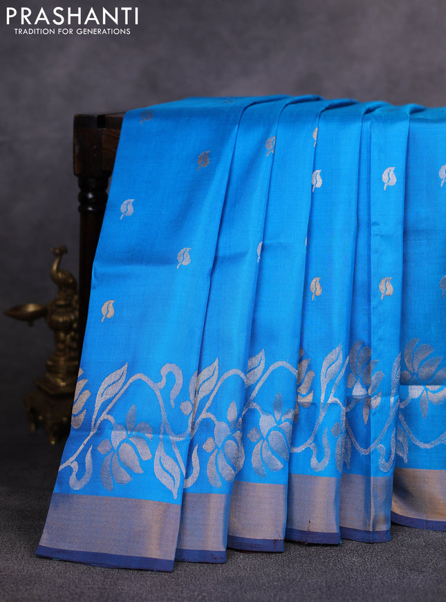 Pure uppada silk saree cs blue and coffee brown with allover silver & zari woven buttas and zari woven border