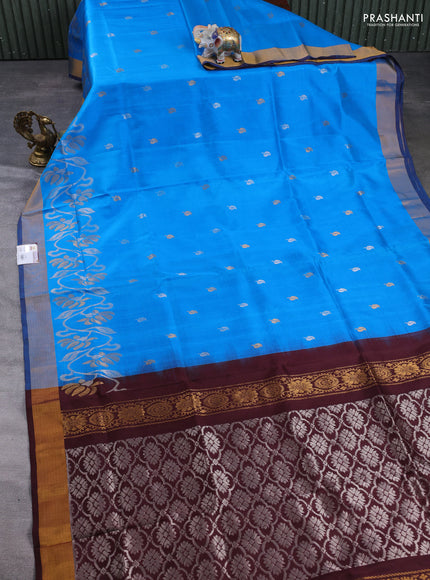 Pure uppada silk saree cs blue and coffee brown with allover silver & zari woven buttas and zari woven border
