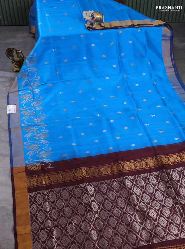 Pure uppada silk saree cs blue and coffee brown with allover silver & zari woven buttas and zari woven border