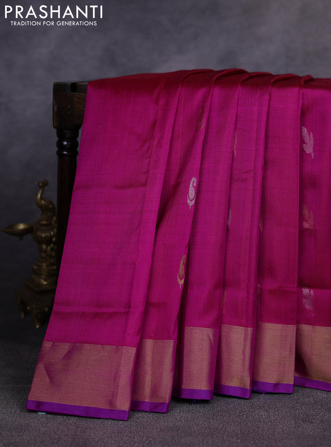Pure uppada silk saree pink and violet with allover silver & gold zari woven buttas and zari woven border
