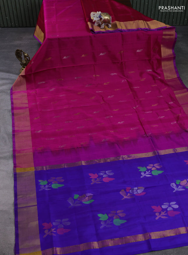 Pure uppada silk saree pink and violet with allover silver & gold zari woven buttas and zari woven border