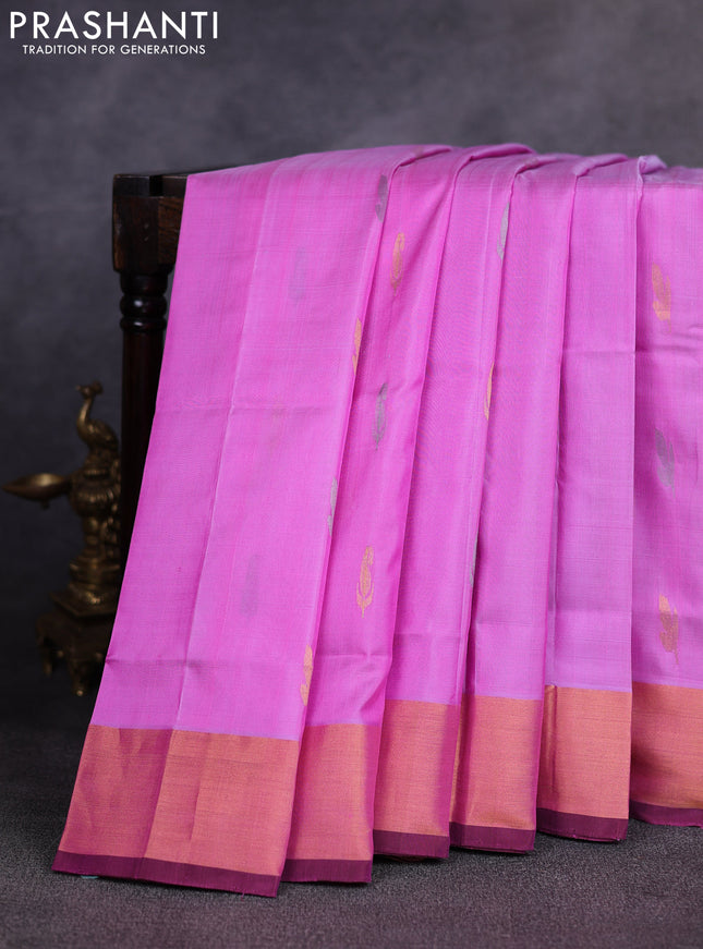 Pure uppada silk saree lotus pink and coffee brown with allover silver & gold zari woven buttas and zari woven border