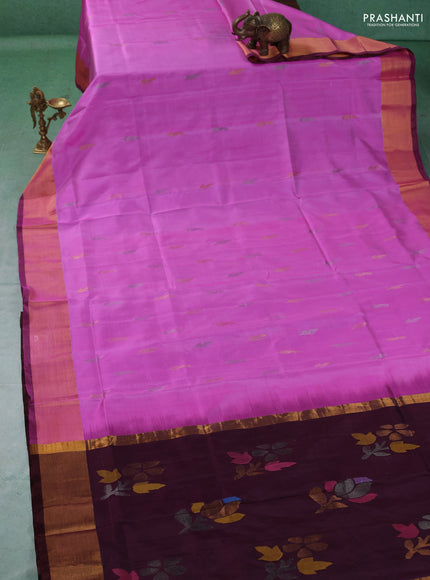 Pure uppada silk saree lotus pink and coffee brown with allover silver & gold zari woven buttas and zari woven border