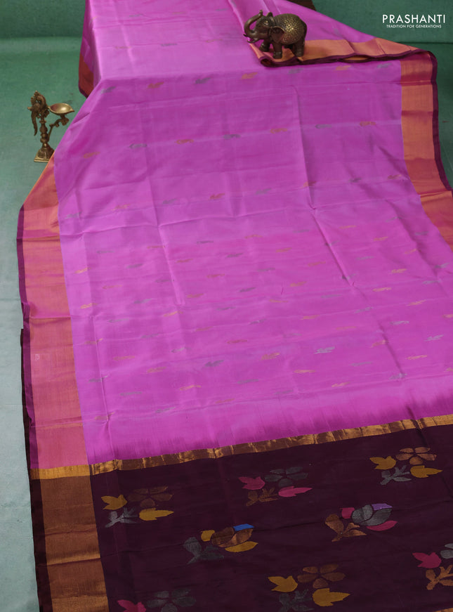 Pure uppada silk saree lotus pink and coffee brown with allover silver & gold zari woven buttas and zari woven border