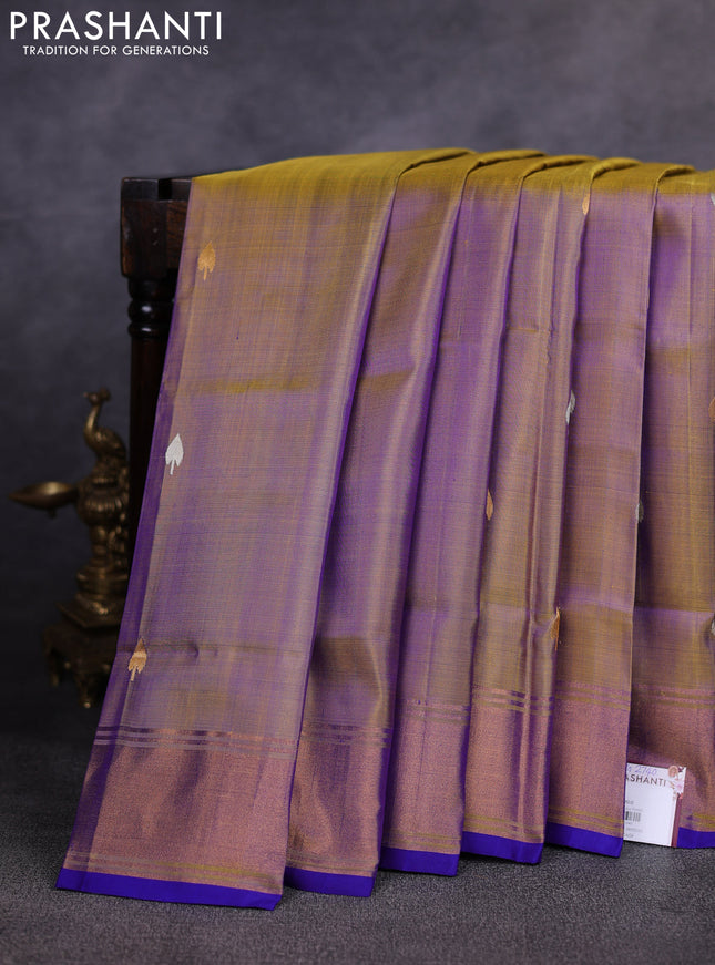 Pure uppada silk saree dual shade of mustard yellow and royal blue with allover silver & gold zari woven buttas and zari woven border