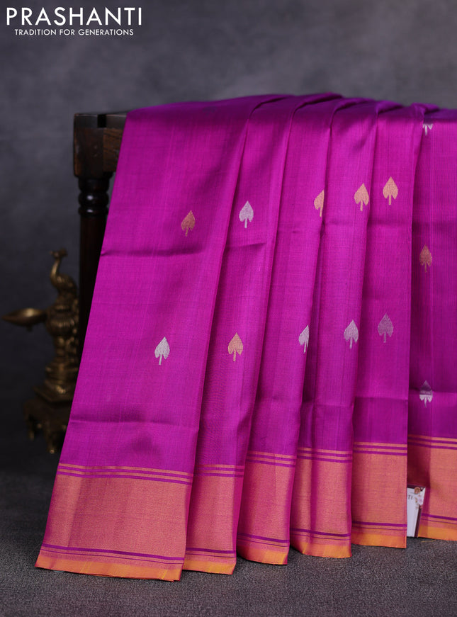 Pure uppada silk saree purple and yellow with allover silver & gold zari woven buttas and zari woven border