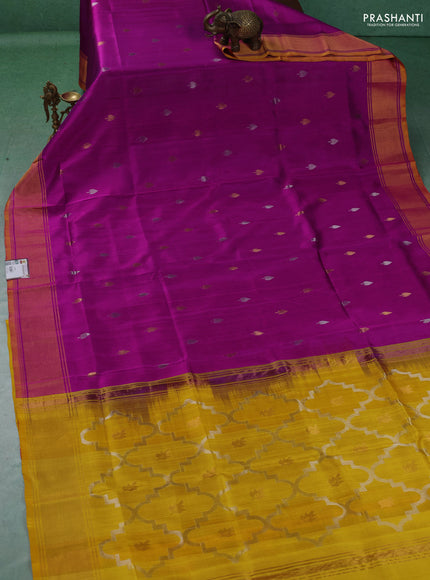 Pure uppada silk saree purple and yellow with allover silver & gold zari woven buttas and zari woven border