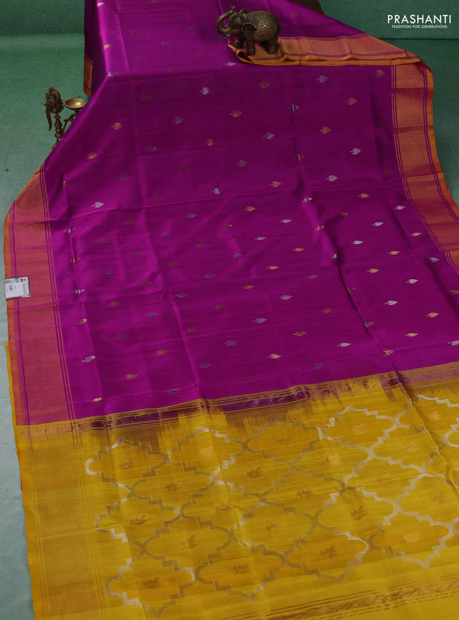 Pure uppada silk saree purple and yellow with allover silver & gold zari woven buttas and zari woven border