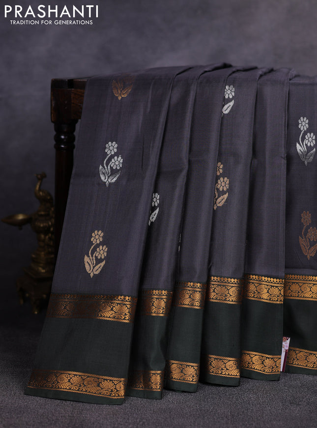 Pure uppada silk saree grey and olive green with allover silver & gold zari woven buttas and rettapet zari woven border