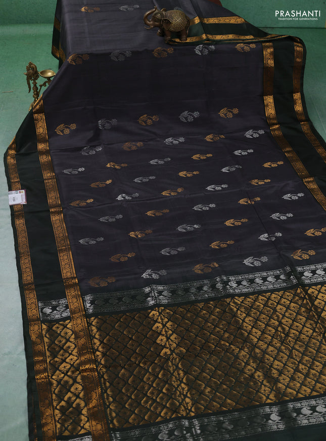 Pure uppada silk saree grey and olive green with allover silver & gold zari woven buttas and rettapet zari woven border