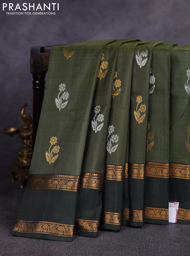 Pure uppada silk saree olive green and bottle green with allover silver & gold zari woven buttas and rettapet zari woven border