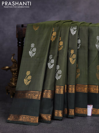 Pure uppada silk saree olive green and bottle green with allover silver & gold zari woven buttas and rettapet zari woven border