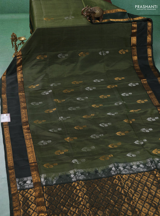 Pure uppada silk saree olive green and bottle green with allover silver & gold zari woven buttas and rettapet zari woven border