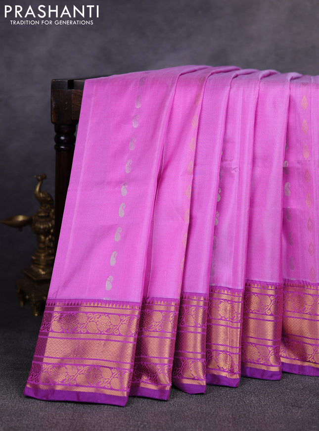 Pure uppada silk saree lotus pink and purple with allover silver & gold zari woven buttas and zari woven border