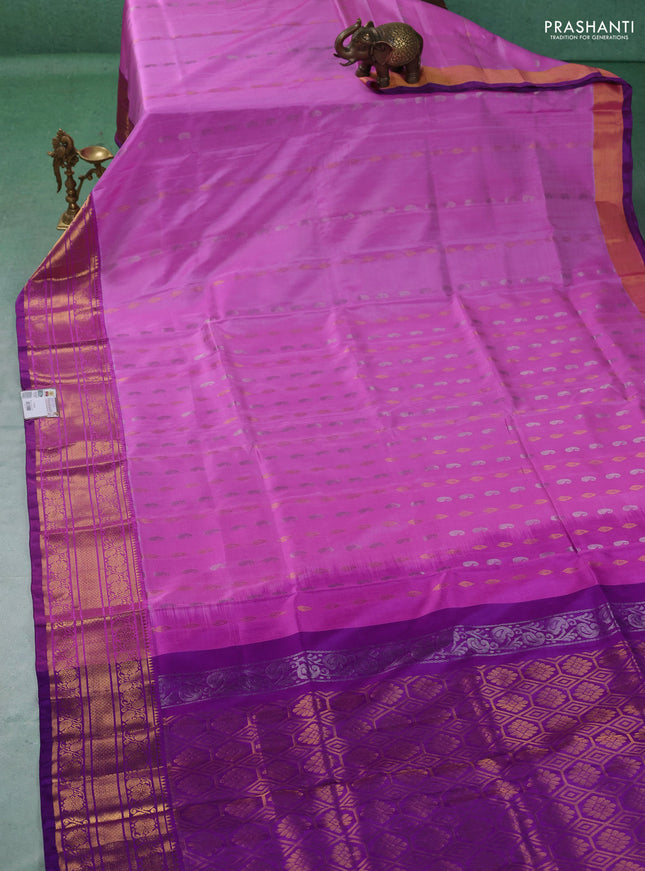 Pure uppada silk saree lotus pink and purple with allover silver & gold zari woven buttas and zari woven border