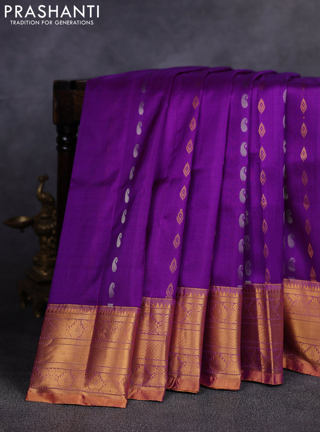 Pure uppada silk saree purple and dual shade of mustard yellow with allover silver & gold zari woven buttas and zari woven border
