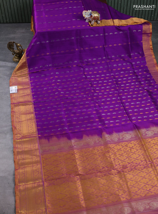 Pure uppada silk saree purple and dual shade of mustard yellow with allover silver & gold zari woven buttas and zari woven border