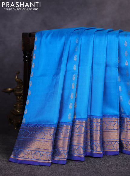 Pure uppada silk saree cs blue and violet with allover silver & gold zari woven buttas and zari woven border