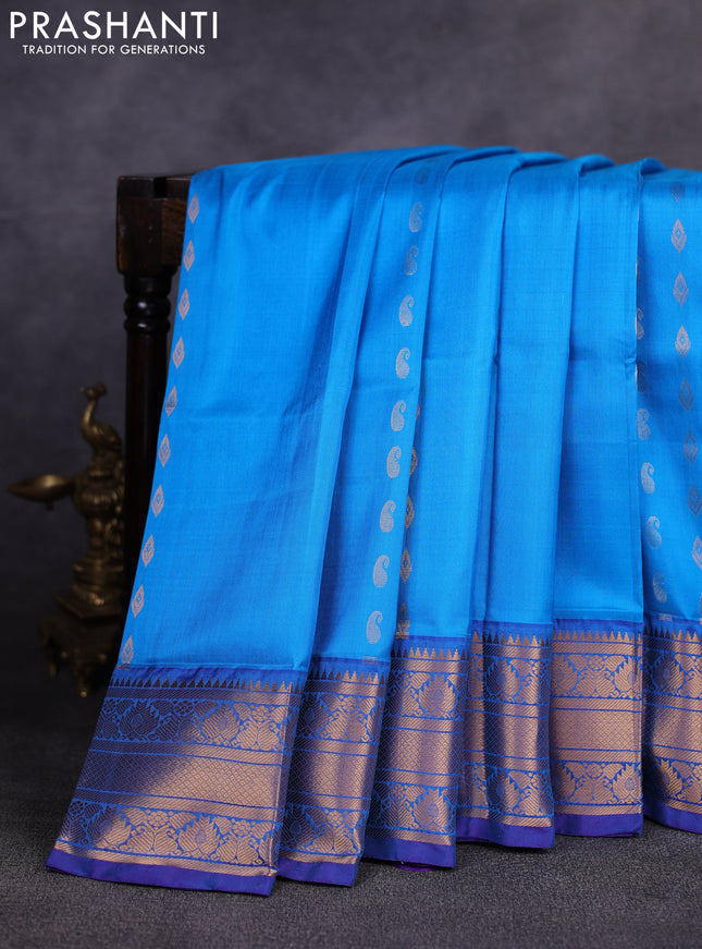 Pure uppada silk saree cs blue and violet with allover silver & gold zari woven buttas and zari woven border