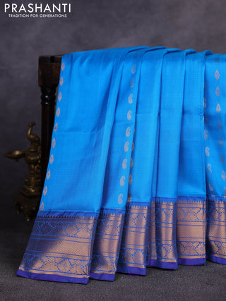 Pure uppada silk saree cs blue and violet with allover silver & gold zari woven buttas and zari woven border