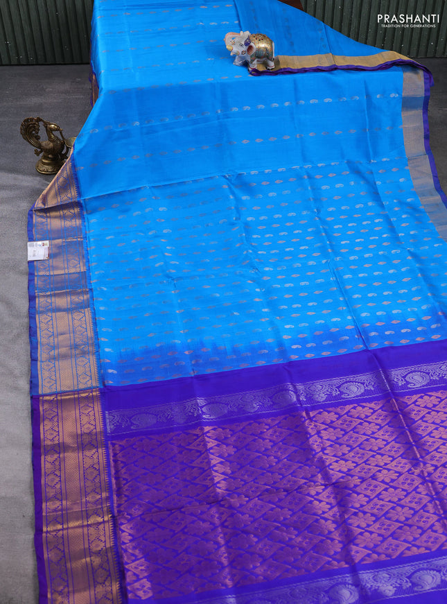 Pure uppada silk saree cs blue and violet with allover silver & gold zari woven buttas and zari woven border