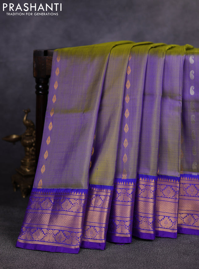 Pure uppada silk saree dual shade of green and violet with allover silver & gold zari woven buttas and zari woven border