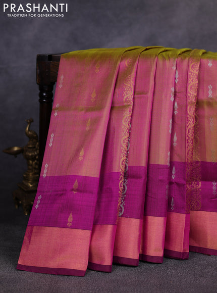 Pure uppada silk saree dual shade of pinkish mustard yellow and dark magenta pink with allover silver & gold zari weaves & buttas and long zari woven border