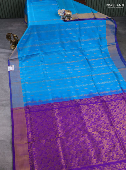 Pure uppada silk saree cs blue and purple with allover silver & gold zari weaves & buttas and zari woven border