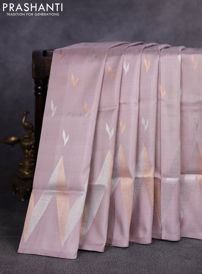 Pure uppada silk saree beige with allover silver & gold zari woven buttas and zari woven border