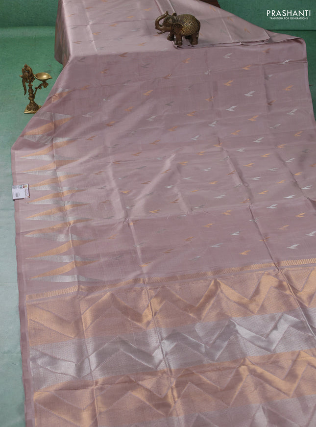 Pure uppada silk saree beige with allover silver & gold zari woven buttas and zari woven border