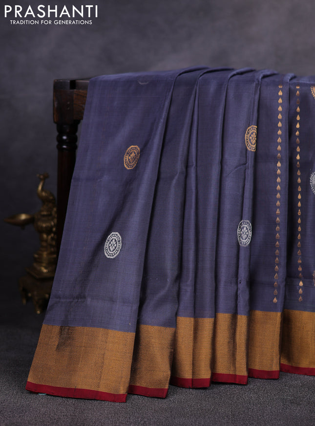 Pure uppada silk saree grey and maroon with allover silver & gold zari woven buttas and zari woven border