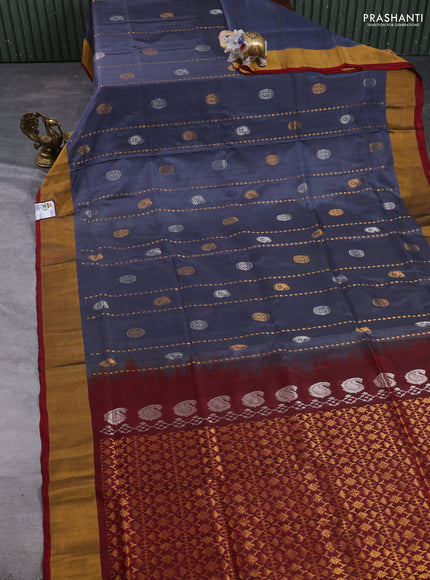 Pure uppada silk saree grey and maroon with allover silver & gold zari woven buttas and zari woven border